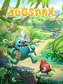 On a lush green island, a furry blue creature holding a net and several other tools is chasing after a smaller creature that resembles a strawberry with eyes. Multiple other creatures, all resembling combinations of various insects and foods, are observing them as they pass. The game's title is positioned at the top of the image.