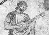 Byzantine pandura, 6th-century AD depiction on mosaic in the Great Palace in Constantinople. The instrument has three strings and is being played with a plectrum.