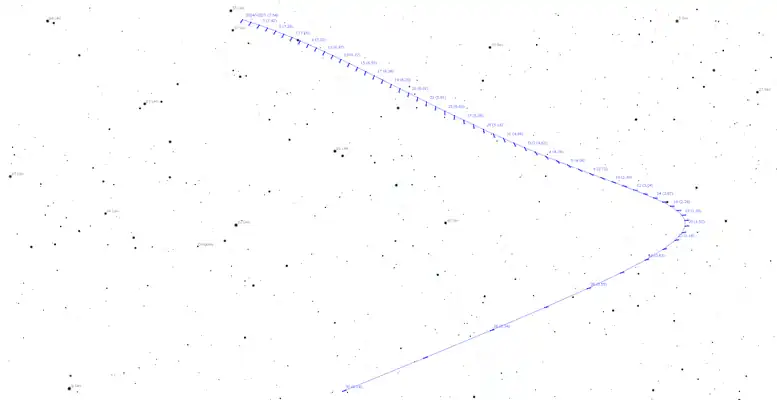 The position of comet C/2023 A3 in August and September 2024 with the expected apparent magnitudes. The comet is located in the constellation Leo (Leo) between the two stars 55 and 57 Leonis about six degrees south of the ecliptic at the beginning of August and then moves towards the constellation Sextans. With increasing apparent brightness, it turns back toward the constellation Leo in the second half of September at maximum southern ecliptic latitude (just under 14 degrees of arc).