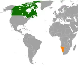 Map indicating locations of Canada and  Namibia