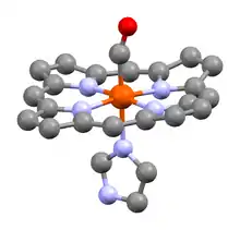 A heme unit of human carboxyhaemoglobin, showing the carbonyl ligand at the apical position, trans to the histidine residue.