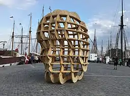 "Celestial", a 4 metres (13 ft) high, 1 ton plywood sculpture created by Carl Krull and installed at Elsinore Harbor (Denmark, 2018)