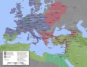 A map of the Mediterranean, with the routes of Hugh I of Vermandois, Godfrey of Bouillon, Bohemond of Taranto, Raymond IV of Toulouse, Robert Curthose, and Baldwin of Boulogne highlighted. The major Christian and Muslim empires at the time of the crusade are also highlighted. Major battles in Asia Minor are marked.