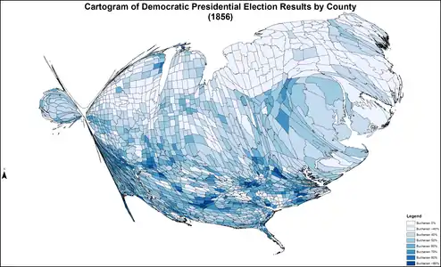 Cartogram of Democratic presidential election results by county