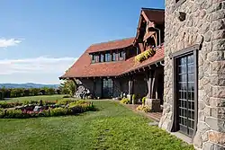 Facade of the Castle in the Clouds and lawn overlooking Lake Winnipesaukee in New Hampshire, built 1913–1914