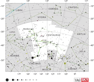 Diagram showing star positions and boundaries of the Centaurus constellation and its surroundings