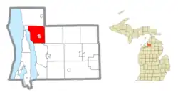 Location within Antrim County (red) and the administered village of Central Lake (pink)