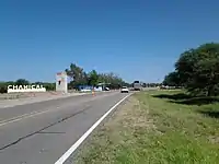 Motor vehicles at the east entrance to Chamical on Argentina Route 38