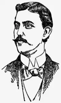 A black and white portrait illustration of a man with a mustache wearing a suit and bow tie