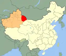 Hami Prefecture (red) in Xinjiang (orange)