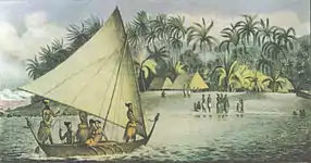 Illustration of a crab claw sail in Tikehau (Louis Choris, 1816)