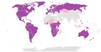 Countries with 50% or more Christians are colored purple; countries with 10% to 50% Christians are colored pink.