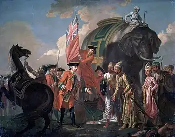 Image 28This is a photographic reproduction of an original two-dimensional work of art by Francis Hayman (1708–1776) created in 1762. The artwork is showing Lord Clive meeting with Mir Jafar after the Battle of Plassey (1757). The painting was displayed in Vauxhall soon after completion.Photo Credit:www.sterlingtimes.org