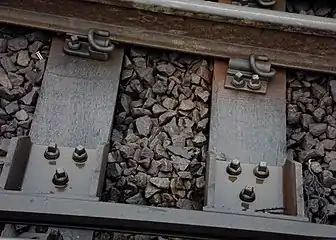 Traditional railway track showing ballast, part of sleeper and fixing mechanisms