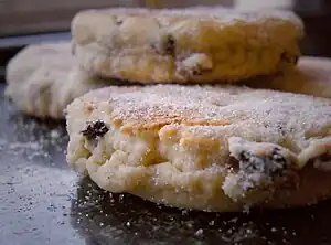 Welsh cakes are made from flour, sultanas, raisins, and/or currants, and may also include such spices as cinnamon and nutmeg.