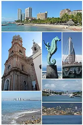 Above, from left to right: Panoramic view of Villa del Palmar, Our Lady of Guadalupe Parish, the Sea Horse Sculpture, the pier, view of the hotel zone from the boardwalk, Marina Vallarta and downtown.