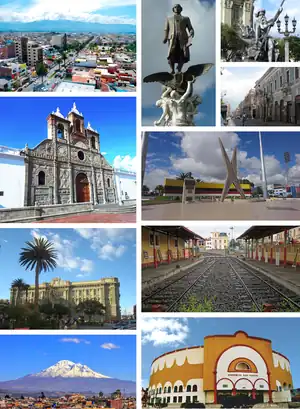 From top, left to right: Panoramic view of the city, monument to Pedro Vicente Maldonado, sculpture of Neptune, Primera Constituyente Street, Catedral de San Pedro, monument to Edmundo Chiriboga, Maldonado High School, Riobamba railway station, Chimborazo volcano and Monumental Raúl Dávalos bullring.