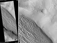 Coloe Fossae lineated valley fill, as seen by HiRISE.  Coloe Fossae is in the Ismenius Lacus quadrangle. Scale bar is 500 meters long.