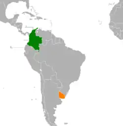 Map indicating locations of Colombia and Uruguay