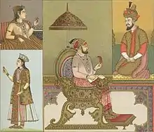 Late 19th century "Costume of India - Moguls" picture depicting Mogul woman (upper left), Mogul Emperor Farrukhsiyar (center) died 1719, and Emperor Humayun (upper right), died in 1556