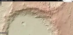 This topographic map was created using Mars Orbiter Laser Altimeter (MOLA) technology on the Mars Global Surveyor spacecraft. This image is a screenshot of RedMapper's website and shows the north rim of Cruls crater.