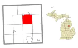 Location within Ogemaw County (red) and an administered portion of the Lupton CDP (pink)