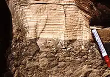 Metric emersive cycle in the carbonate platform. Deposition of marine lagoon with foraminifera then dolomitized algal laminations in intertidal to supratidal environment.