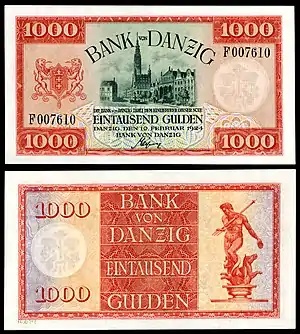 1,000 Danzig gulden (1924) depicting City Hall