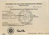 Document showing the East German state emblem, titled "Ministerrat der Deutschen Demokratischen Republik"