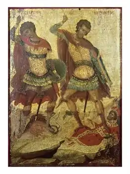 Michael Damaskinos (16th century), Saint George killing the dragon, alongside Saint Mercurius killing Julian.