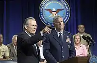 Secretary of Defense Donald Rumsfeld with Chairman of the Joint Chiefs of Staff General Richard B. Myers during the annual Pentagon Town Hall meeting at The Pentagon auditorium