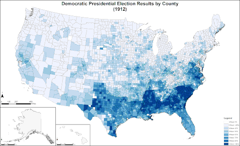 Results by county, shaded according to percentage of the vote for Wilson