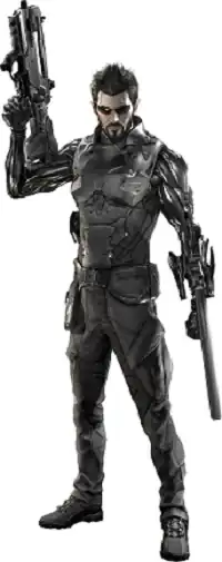 Full body image of Adam Jensen in combat gear, showing his cybernetic arms.