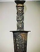 Bronze sword with a head-hunting theme from the Dian culture of ancient Yunnan (circa 100 BCE) unearthed at Jiancheng and displayed at Yunnan Provincial Museum, Guandu, Kunming, 2016.