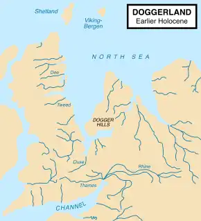 Paleogeographic reconstruction of the North Sea approximately 9,000 years ago during the early Holocene and after the end of the Last Glacial Period