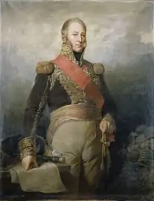 Painting shows a bareheaded man from head to knees. His right hand rests on a map while his left hand grips his sword. He wears a dark blue military coat with a high collar and gold epaulettes, red sash, and tan breeches.