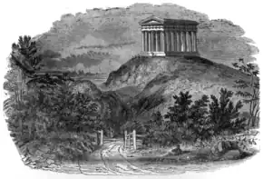 An engraving of an oversized Greek temple on a hill