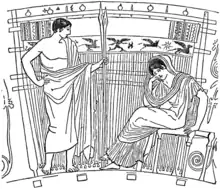 Penelope at her warp-weighted tapestry loom, after an Ancient Greek vase