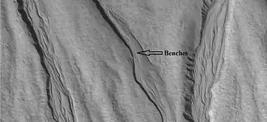 Close-up of gully channels, as seen by HiRISE under HiWish program.  This image shows many streamlined forms and some benches along a channel.  These features suggest formation by running water.  Benches are usually formed when the water level goes down a bit and stays at that level for a time.  Picture was taken with HiRISE under HiWish program.  Location is the Mare Acidalium quadrangle.  Note this is an enlargement of a previous image.