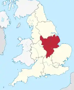 East Midlands, highlighted in red on a beige political map of England