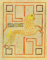 Imago Leonis - the Lion of Mark from the Echternach Gospels which show no portraits, only the symbols. Insular c. 690.