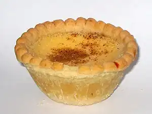 A custard tart is a pastry consisting of an outer pastry crust filled with egg custard and baked.