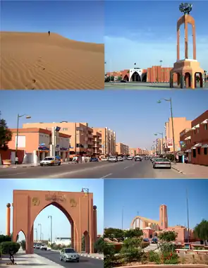 Footprints on the sand, Place Mechouar, Street, Monumental Arch, Laayoune Cathedral