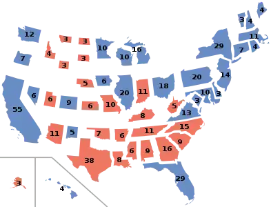 Results by state and the District of Columbia, scaled by number of electors per state