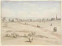 A watercolour showing the church in the distance with several buildings. Sheep are grazing in the foreground.