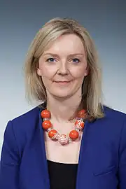 Truss facing frontward, with long blonde hair and blue clothes in front of a light grey background.