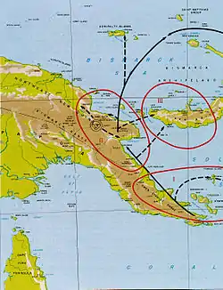 Topographic map of Papua New Guinea with arrows indicating an Allied advance along the northern coast towards the Admiralty Islands.