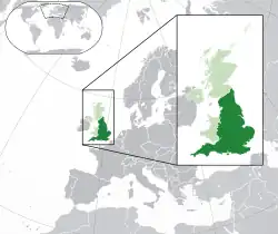 Location of England (dark green)– in Europe (green & dark grey)– in the United Kingdom (green)