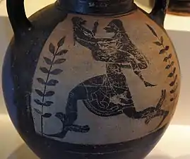 Etruscan vase of Thesan (Eos) abducting Tinthu (Tithonus), circa  525–500 BC.