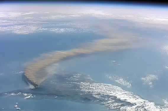 Image 34A 2002 eruption of Mount Etna, a volcano on the Italian island of Sicily, viewed from the International Space Station. (Credit: NASA, with image edits by User:Darkone.) (from Portal:Earth sciences/Selected pictures)